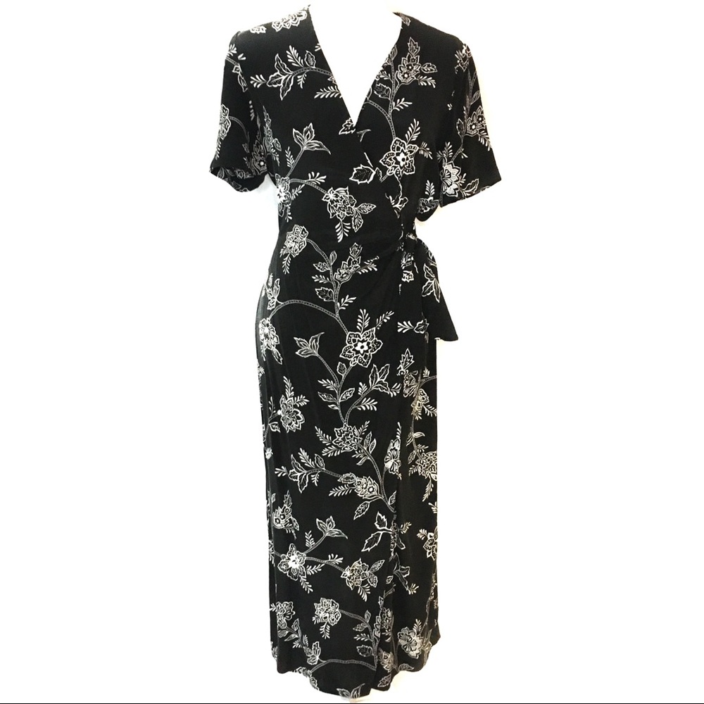Adrianna Papell Silk Wrap Dress Floral Black